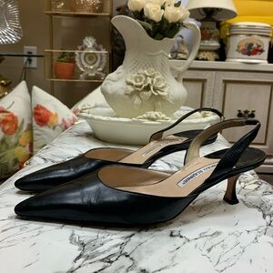 Manolo Blahnik Black Leather Slingback Kitten Heels